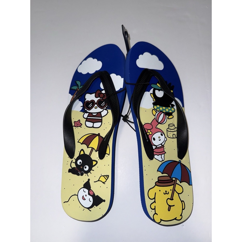 Sanrio Beach Flip Flops Men 11/12 Hello Kitty Friends Blue Sandals Pool Sand NEW